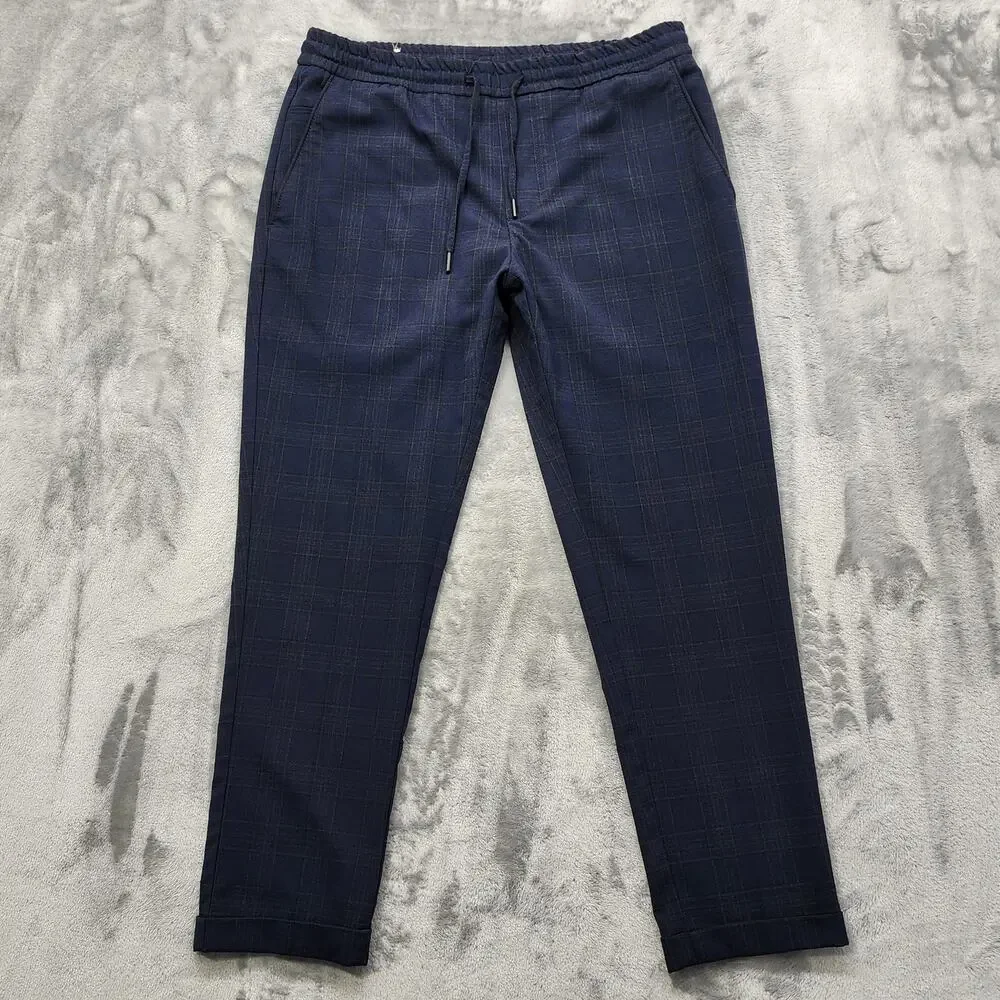 Zara Pants Womens S Blue Plaid Pull‎ On Drawstring Tapered Cuffed Hem Stretch